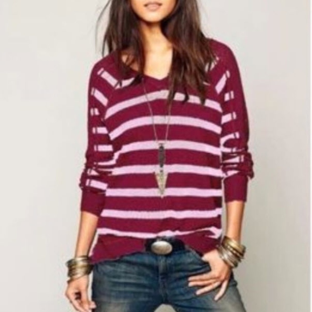 Free People Maroon Striped Sweater